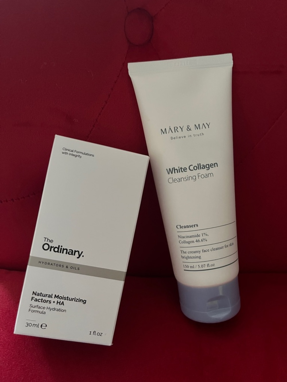 MARY & MAY White Collagen Cleansing Foam + The Ordinary Natural Moisturizing